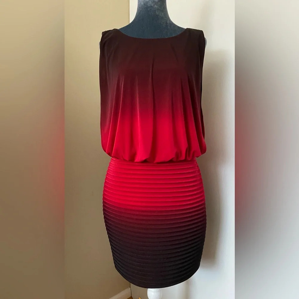 NWOT Xscape Red Black Ombré Blouson Top Ribbed Bottom Size 8 - Picture 2 of 13